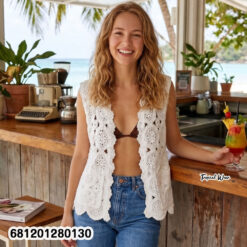 Beige crochet sleeveless boho vest styled for summer resort look