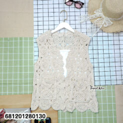 Beige crochet sleeveless boho vest styled for summer resort look