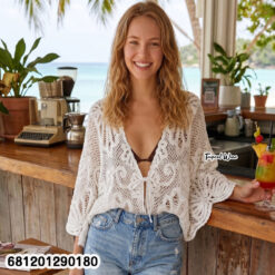 Boho style white crochet kimono resort wear