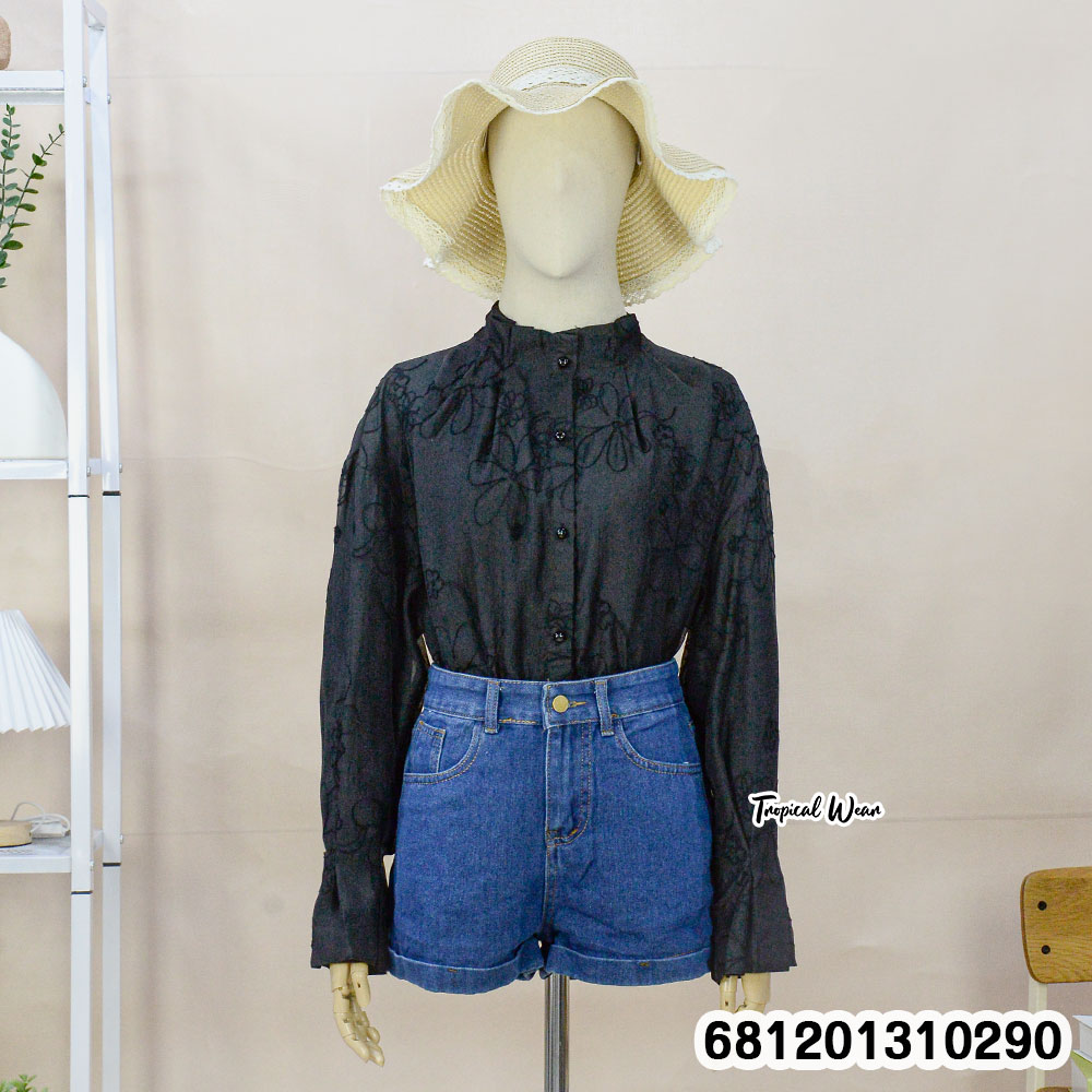 Black nylon embroidered formal blouse with lining for office wear