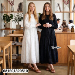 Bohemian long sleeve maxi dress for everyday summer fashion available in black and white.
