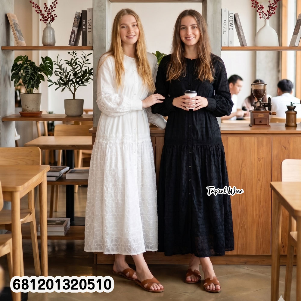 Bohemian long sleeve maxi dress for everyday summer fashion available in black and white.