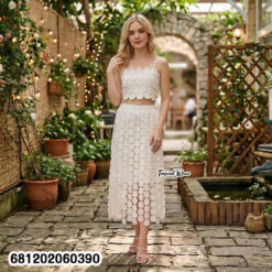 White textured crop top and midi skirt breathable summer co ord set