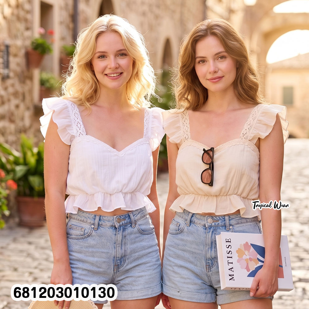 White romantic lace ruffle crop top with chiffon body