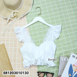 White romantic lace ruffle crop top with chiffon body