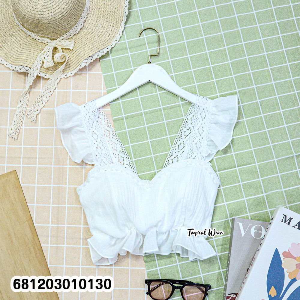 White romantic lace ruffle crop top with chiffon body