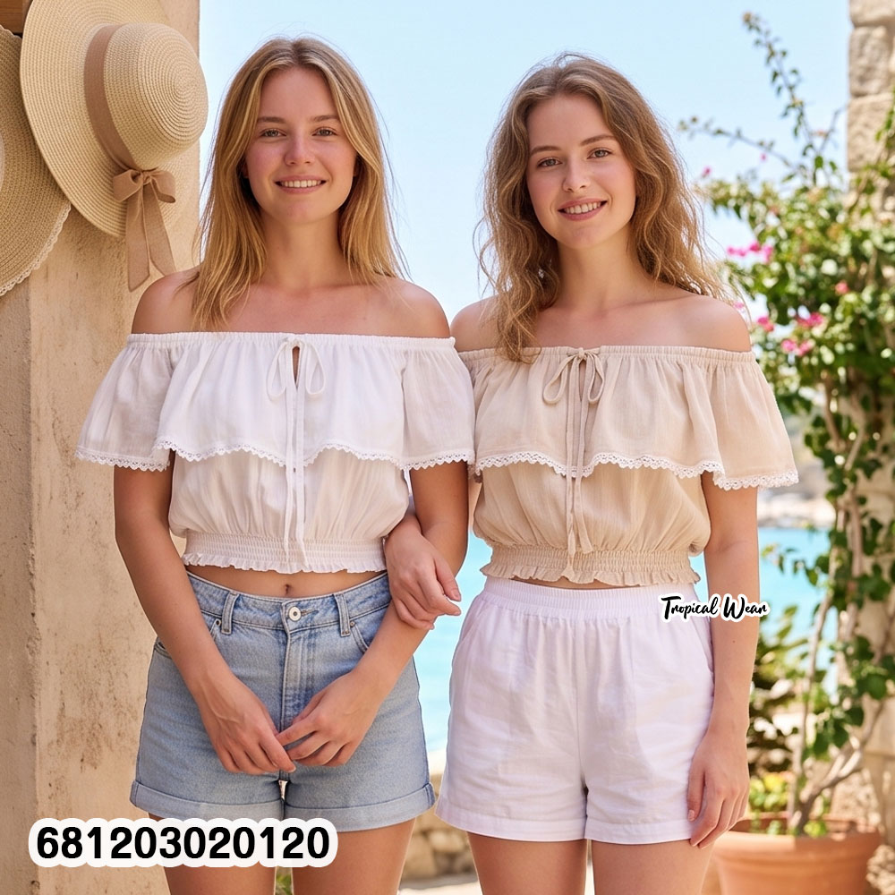 Wholesale white and cream boho off shoulder cotton crop tops with elastic waist for boutique resale