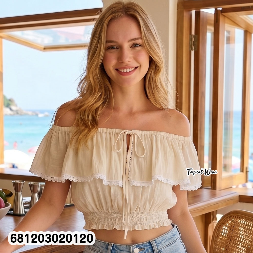 Wholesale white and cream boho off shoulder cotton crop tops with elastic waist for boutique resale