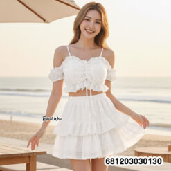 Wholesale boho ruffle bralette crop tops in white and cream with adjustable straps for beach boutique collections