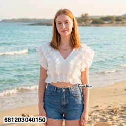 Wholesale layered ruffle V neck crop tops in white and cream for boutique resale
