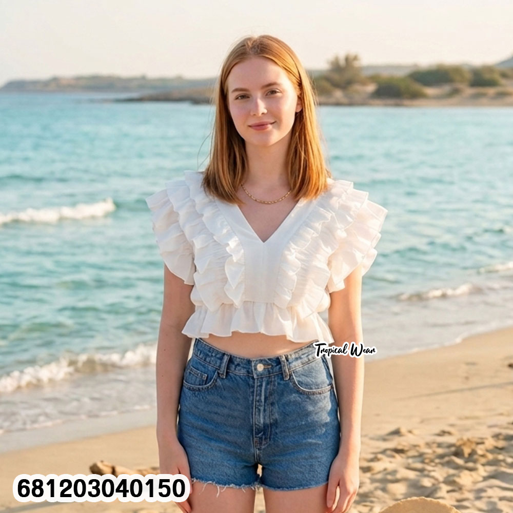 Wholesale layered ruffle V neck crop tops in white and cream for boutique resale