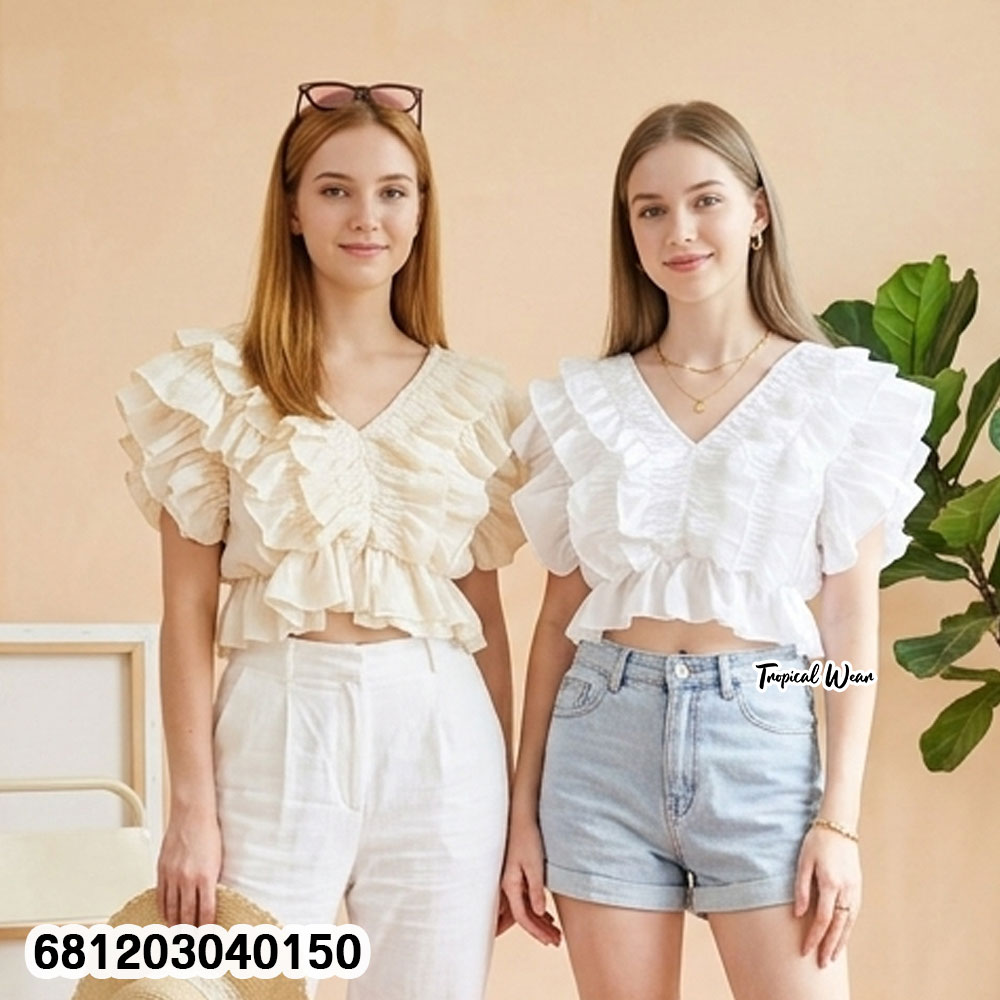 Wholesale layered ruffle V neck crop tops in white and cream for boutique resale