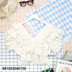 Wholesale layered ruffle V neck crop tops in white and cream for boutique resale