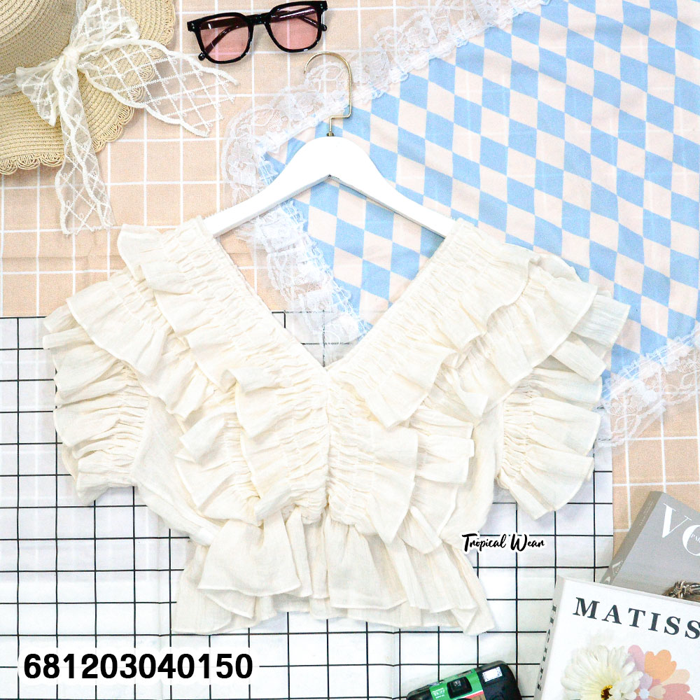 Wholesale layered ruffle V neck crop tops in white and cream for boutique resale