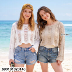 free size cotton knit crop top long sleeve breathable summer casual top