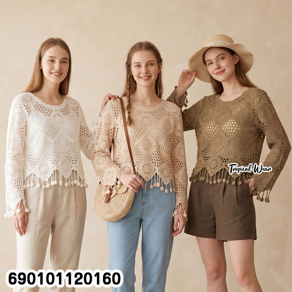 free size crochet style long sleeve top breathable lightweight boho summer wear
