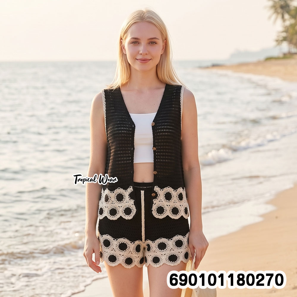 Two-Tone Crochet Vest & Shorts Set ชุดเซตกั๊กโครเชต์ทูโทน พร้อมกางเกงขาสั้น-690101180270 - Image 2