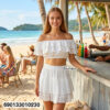white minimal ruffle co ord set off shoulder top layered skirt summer outfit