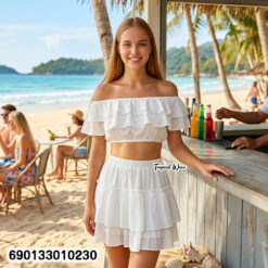 white minimal ruffle co ord set off shoulder top layered skirt summer outfit
