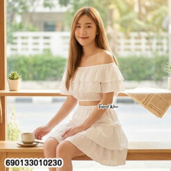 white minimal ruffle co ord set off shoulder top layered skirt summer outfit
