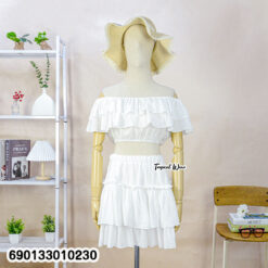 white minimal ruffle co ord set off shoulder top layered skirt summer outfit