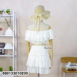 white minimal ruffle co ord set off shoulder top layered skirt summer outfit