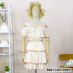 Floral ruffle off-shoulder co-ord set with layered skirt, free size fit, lightweight summer outfit for wholesale resale and boutique fashion