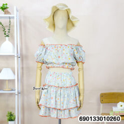 Floral ruffle off-shoulder co-ord set with layered skirt, free size fit, lightweight summer outfit for wholesale resale and boutique fashion