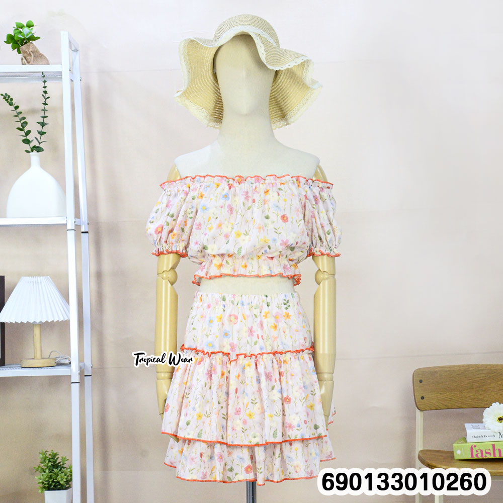 Floral ruffle off-shoulder co-ord set with layered skirt, free size fit, lightweight summer outfit for wholesale resale and boutique fashion
