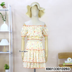 Floral ruffle off-shoulder co-ord set with layered skirt, free size fit, lightweight summer outfit for wholesale resale and boutique fashion