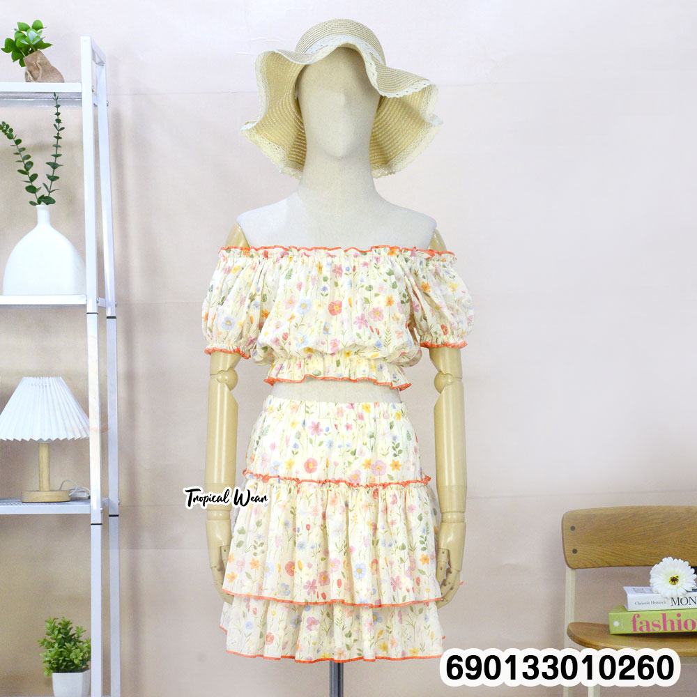 Floral ruffle off-shoulder co-ord set with layered skirt, free size fit, lightweight summer outfit for wholesale resale and boutique fashion