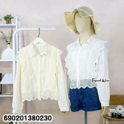 White Eyelet Ruffle Lace Shirt เสื้อเชิ้ตลูกไม้ฉลุแต่งระบายสีขาว-690201380230