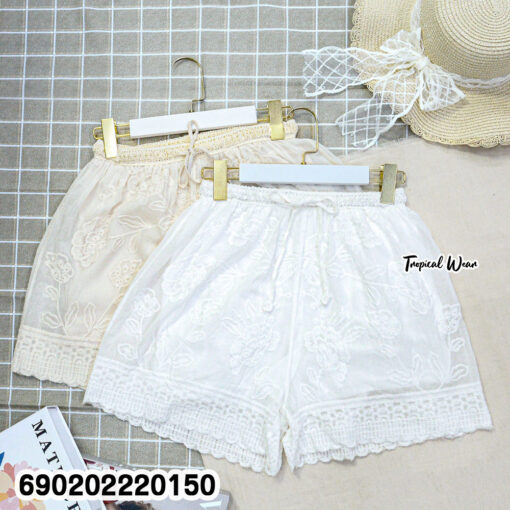 Women’s cotton embroidered shorts with elastic waist, free size fit, lightweight breathable fabric, perfect for summer beachwear and casual outfits.