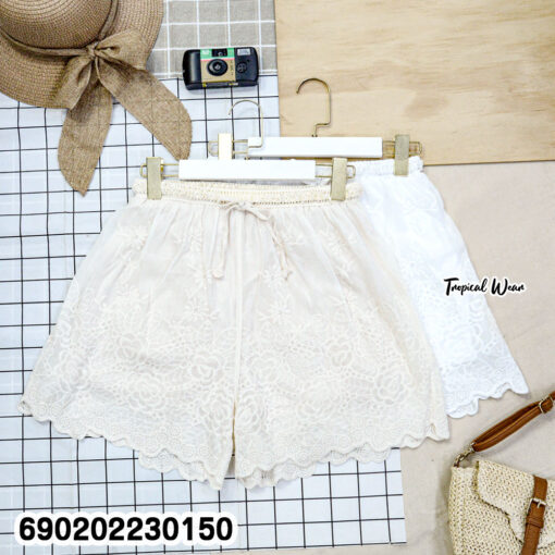 Women’s cotton embroidered shorts free size summer style, lightweight breathable fabric with elastic waist, perfect for beachwear, resort outfits, and casual wear
