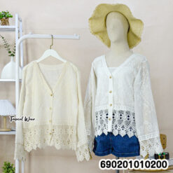 White and beige cotton lace crochet long sleeve blouse for resortwear