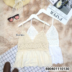 Cottagecore Eyelet Lace Strappy Top - เสื้อสายเดี่ยวผ้าฉลุลายแต่งอกโครเชต์ - 690401110130