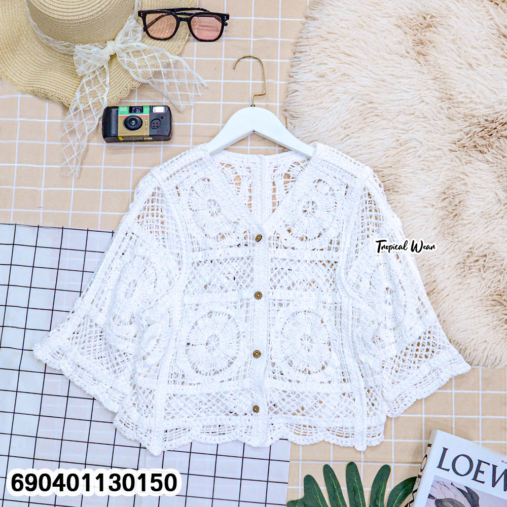 Vintage Resort Wear Crochet Shirt-เสื้อเชิ้ตคาร์ดิแกนถักโครเชต์-690401130150