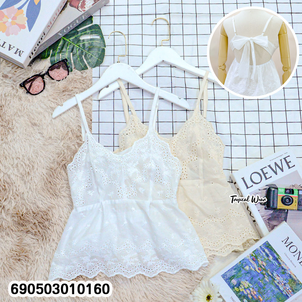 Eyelet Cotton Back-Tie Crop Top-เสื้อครอปสายเดี่ยวผ้าคอตตอนฉลุลาย-690503010160