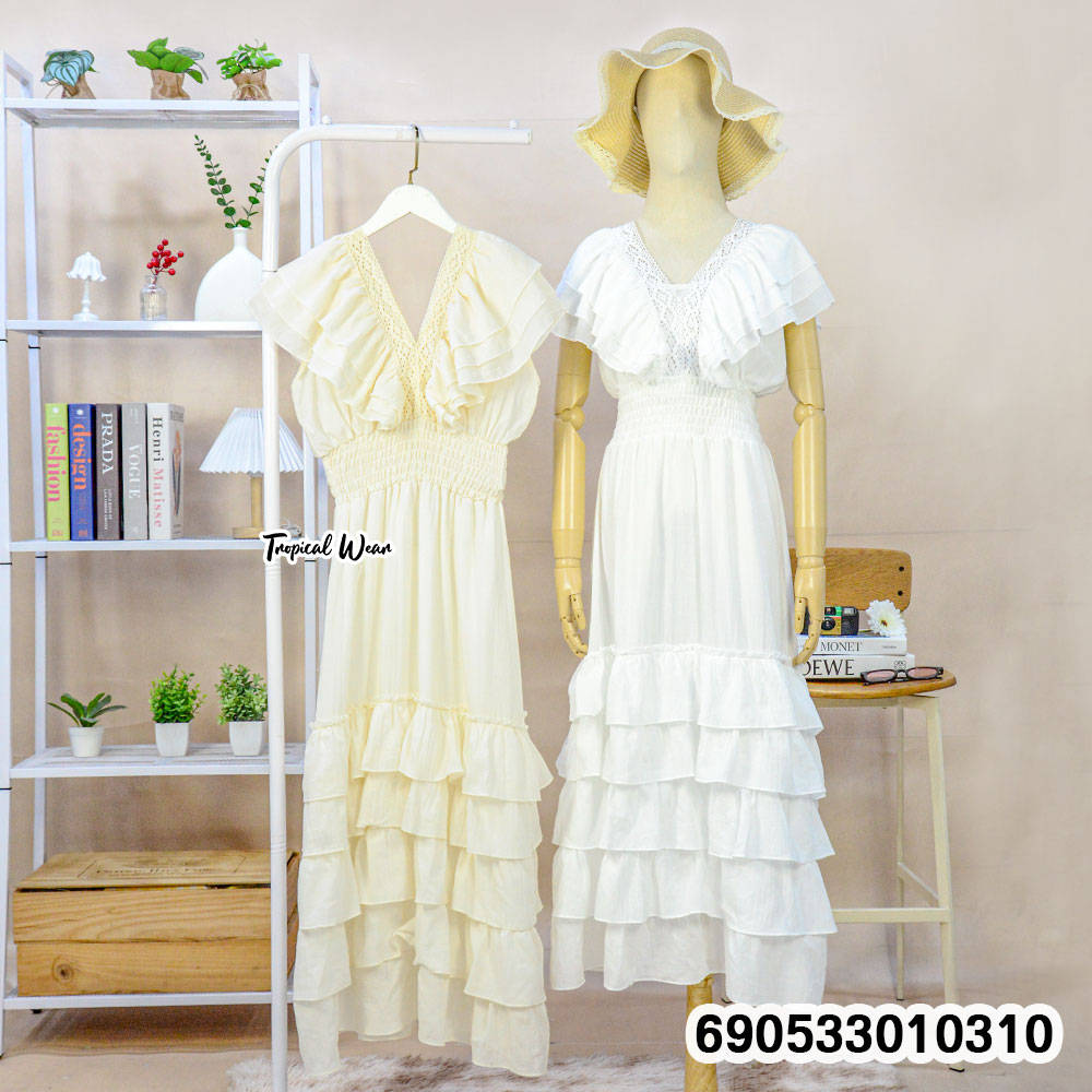 Boho V-Neck Smocked Beach Dress-เดรสยาวคอวี-690533010310