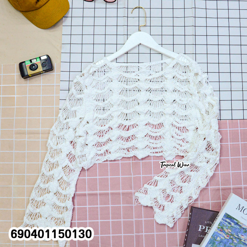 Beach Style Crochet Knit Crop Top เสื้อครอปไหมพรมถักโครเชต์สไตล์ชายหาด - 690401150130 - Image 5