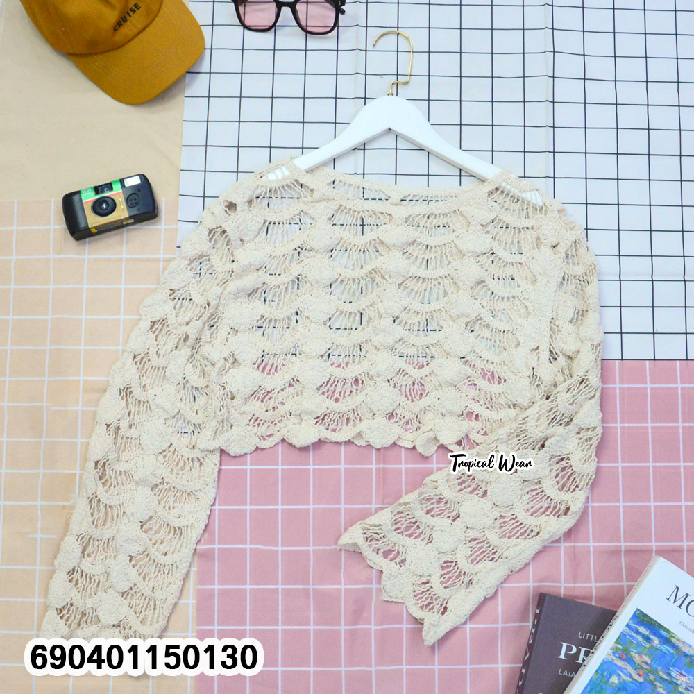 Beach Style Crochet Knit Crop Top เสื้อครอปไหมพรมถักโครเชต์สไตล์ชายหาด - 690401150130 - Image 4