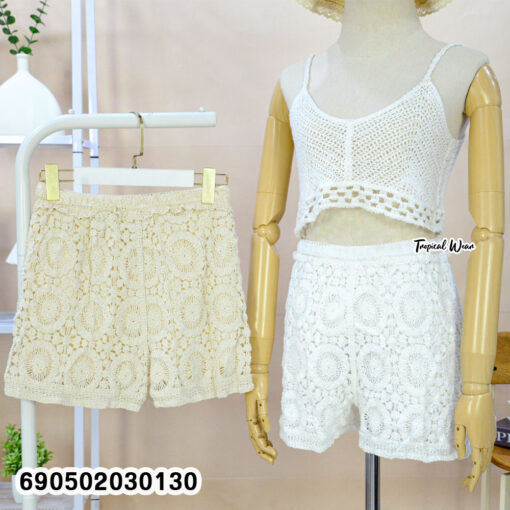 Mandala Floral Lace Shorts in Cotton, White and Beige, product 690502030130