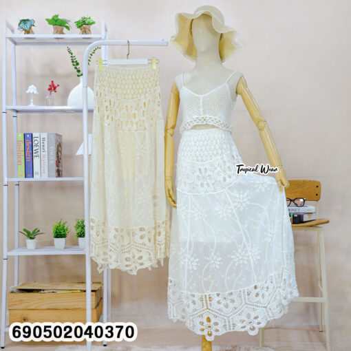 Layered Embroidered Lace Maxi Skirt in Cotton, White and Beige, product 690502040370