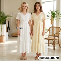 V-Neck Tiered Cotton Lace Dress -690533040270