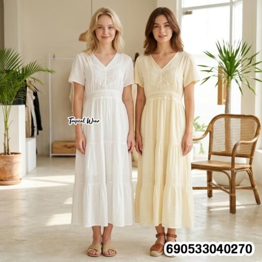 V-Neck Tiered Cotton Lace Dress in Cotton, White and Beige, product 690533040270