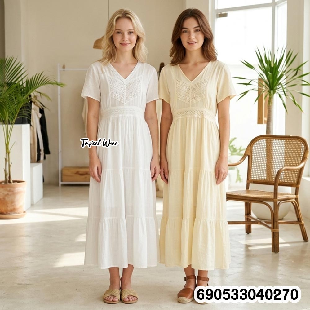V-Neck Tiered Cotton Lace Dress -690533040270