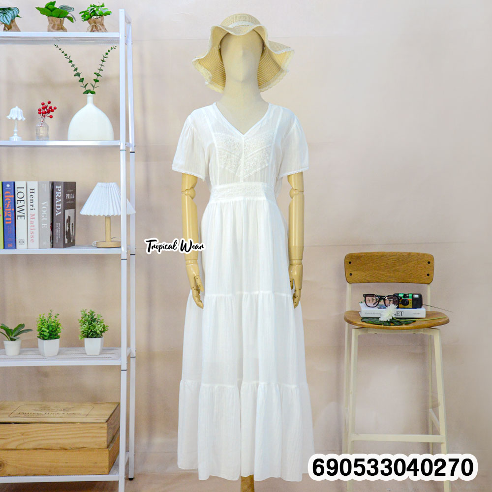 V-Neck Tiered Cotton Lace Dress -690533040270 - Image 3
