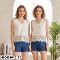 Women's Embroidered Floral Lace Button-Up Sleeveless Blouse เสื้อแขนกุดปักดอกลูกไม้ผู้หญิง กระดุมหน้า สไตล์หวาน - 690601010130