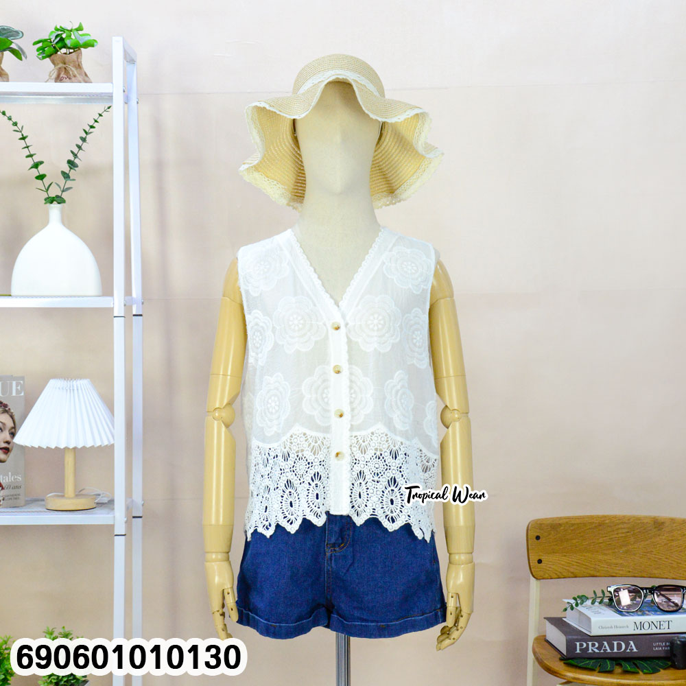 Women's Embroidered Floral Lace Button-Up Sleeveless Blouse เสื้อแขนกุดปักดอกลูกไม้ผู้หญิง กระดุมหน้า สไตล์หวาน - 690601010130 - Image 5