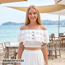 off shoulder ruffle summer blouse Sweet Breeze Off-Shoulder Blouse เสื้อเปิดไหล่ระบายหวานสไตล์ซัมเมอร์ product code 690603010120 in white and beige for Tropical Wear summer fashion